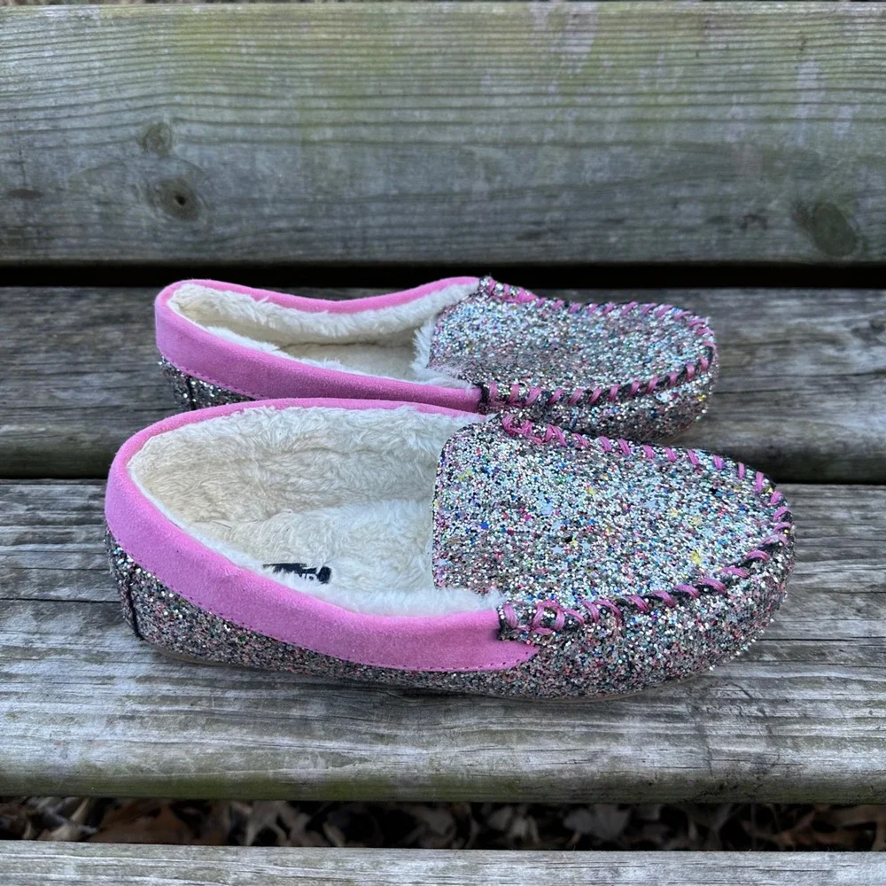 Lands End Girls Pink Glitter Faux Fur Moccasin‎ Slippers Multi Color Size 5
